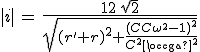 |i|\,=\,\frac{12\,sqrt{2}}{sqrt{(r^'+r)^2+\frac{(LC\omega ^2-1)^2}{C^2\omega^2}}}